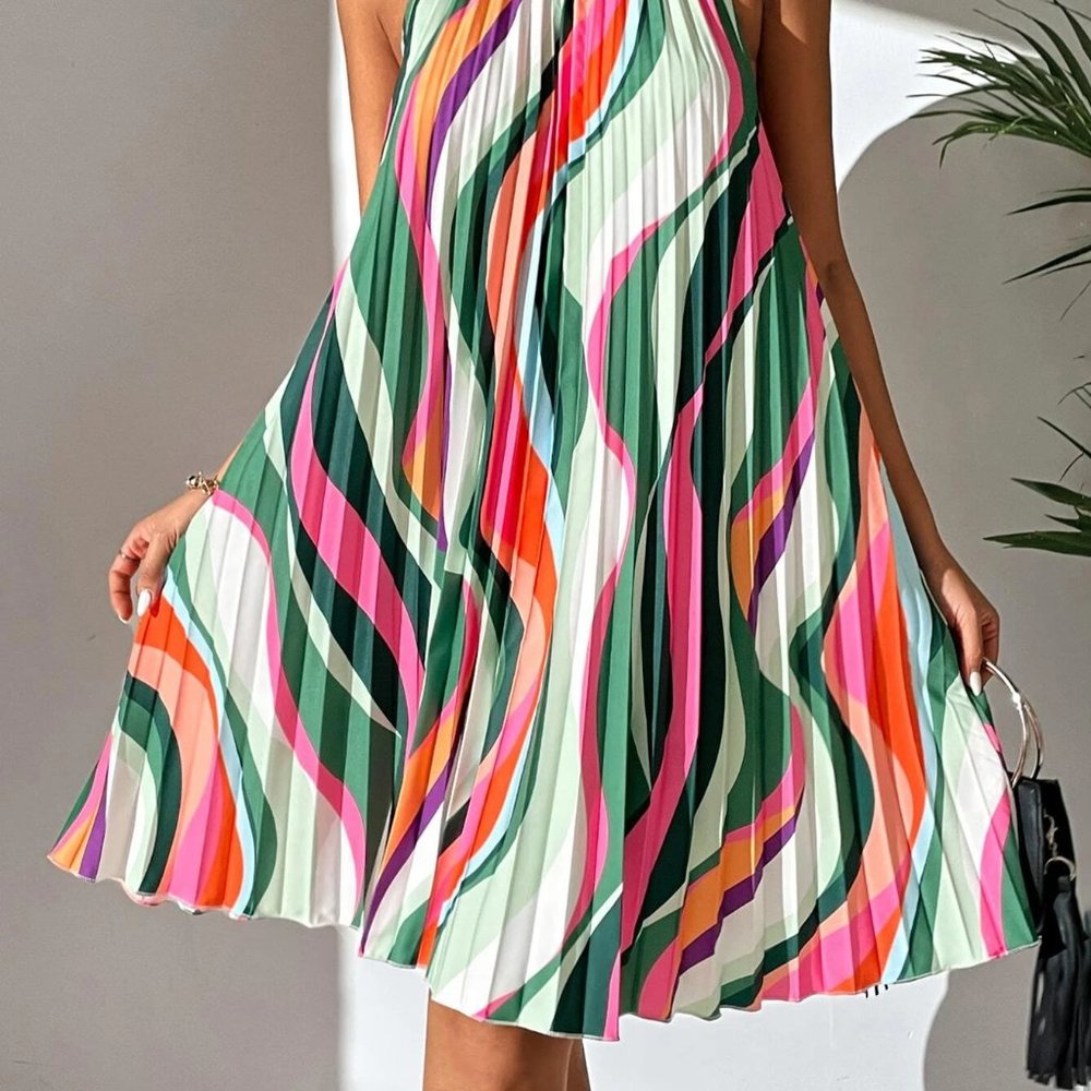 Multicolor Preppy Womens Allover Print Pleated Halter Dress - Picture 5 of 5